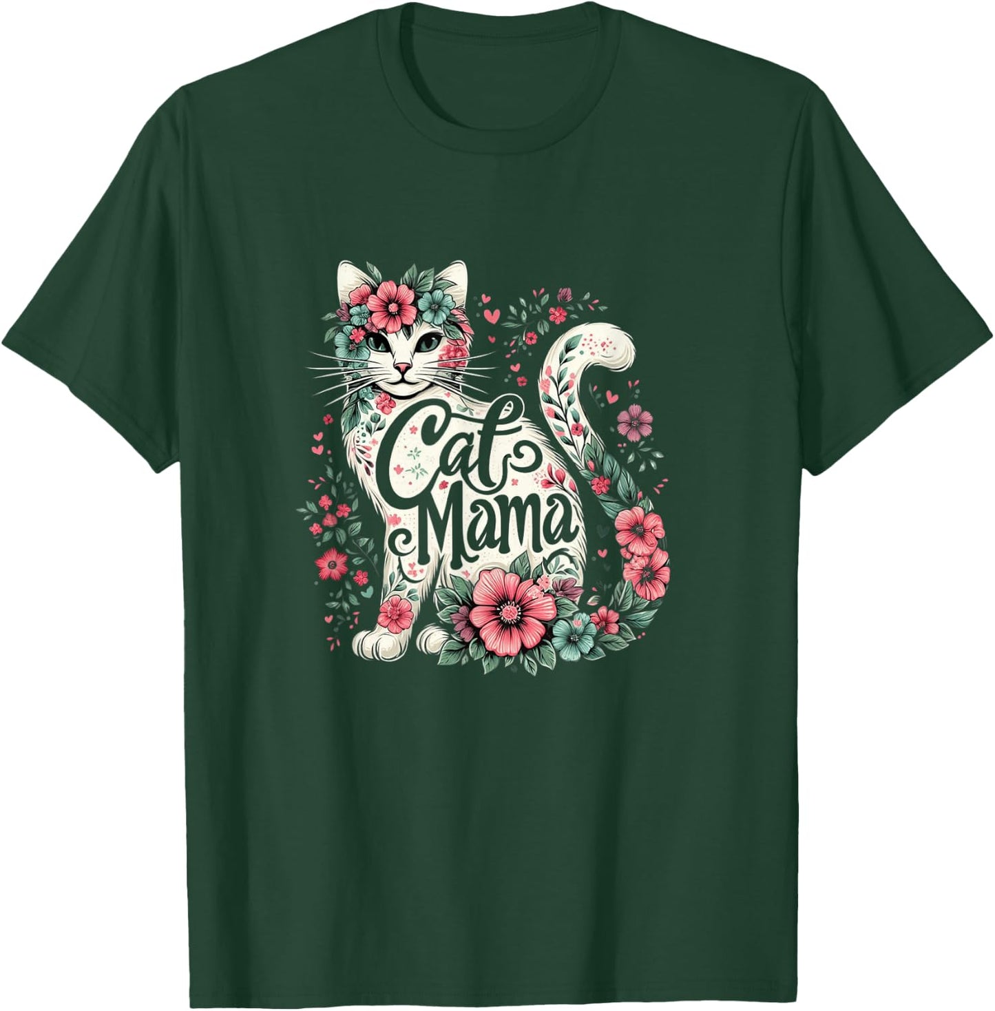 Cat Mama Cute Flower Cat Mother's Day Floral Cat Mom T-Shirt - T-Shirt | Forest