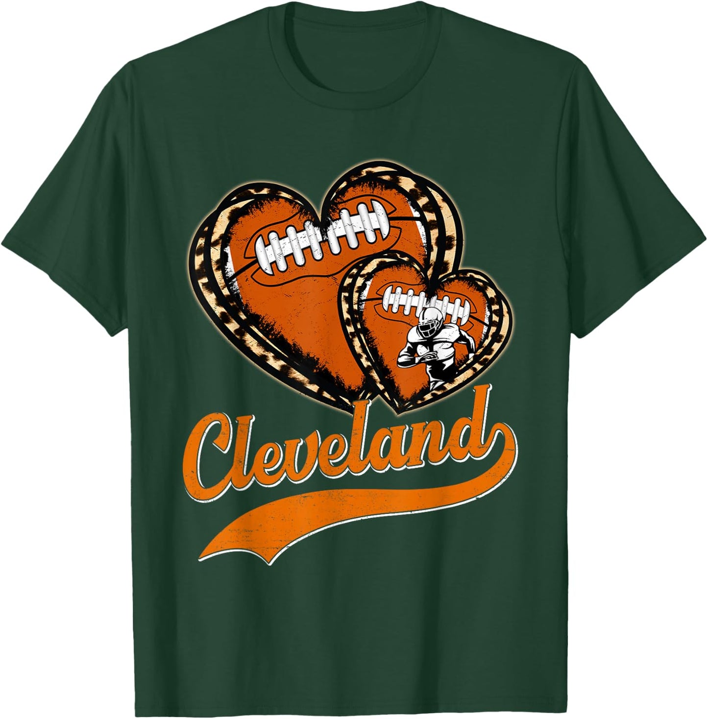 Vintage Leopard Heart Cleveland Football Player Sport Fans T-Shirt - T-Shirt | Forest