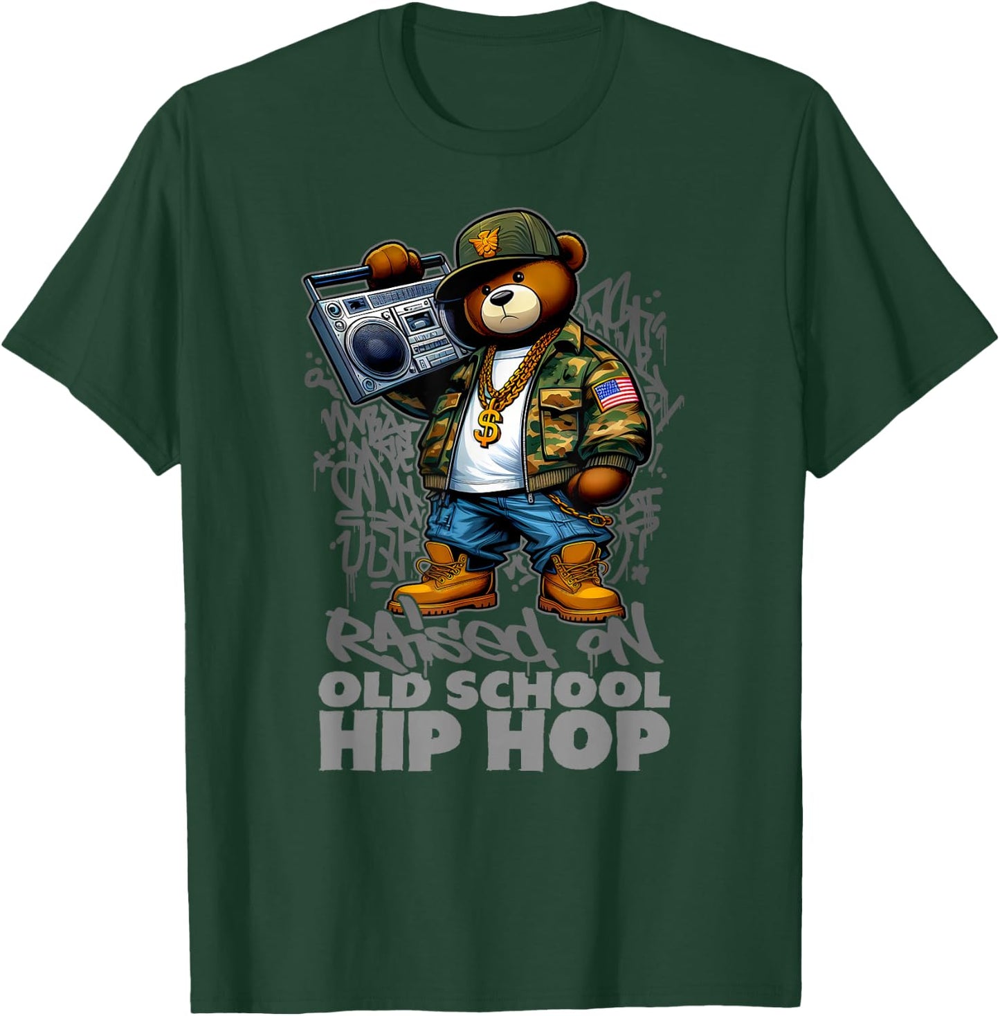 RAISED ON OLD SCHOOL HIP HOP Teddy Bear 80s 90s Hip Hop T-Shirt - T-Shirt | Forest