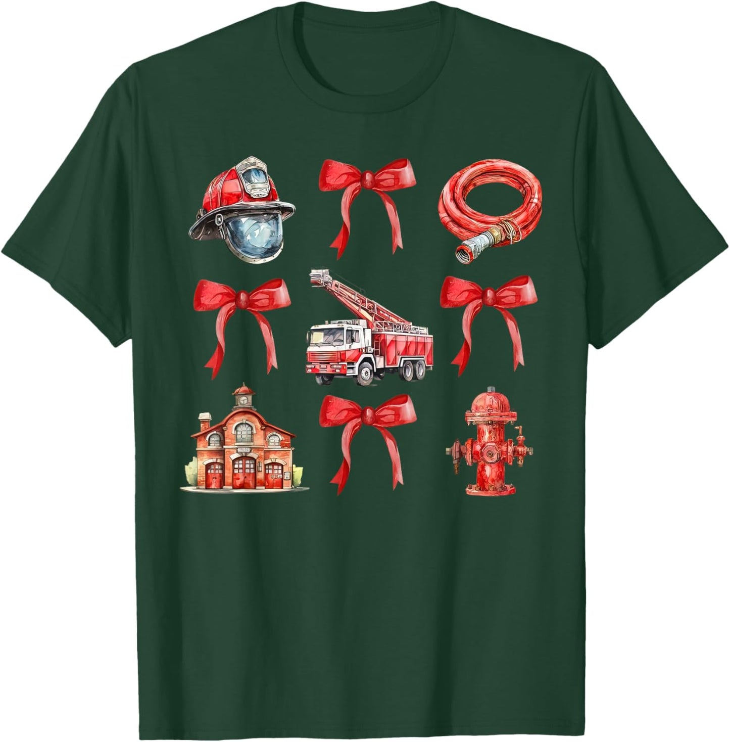 Vintage Coquette Bow Firefighter Firehouse Fireman Men Women T-Shirt - T-Shirt | Forest
