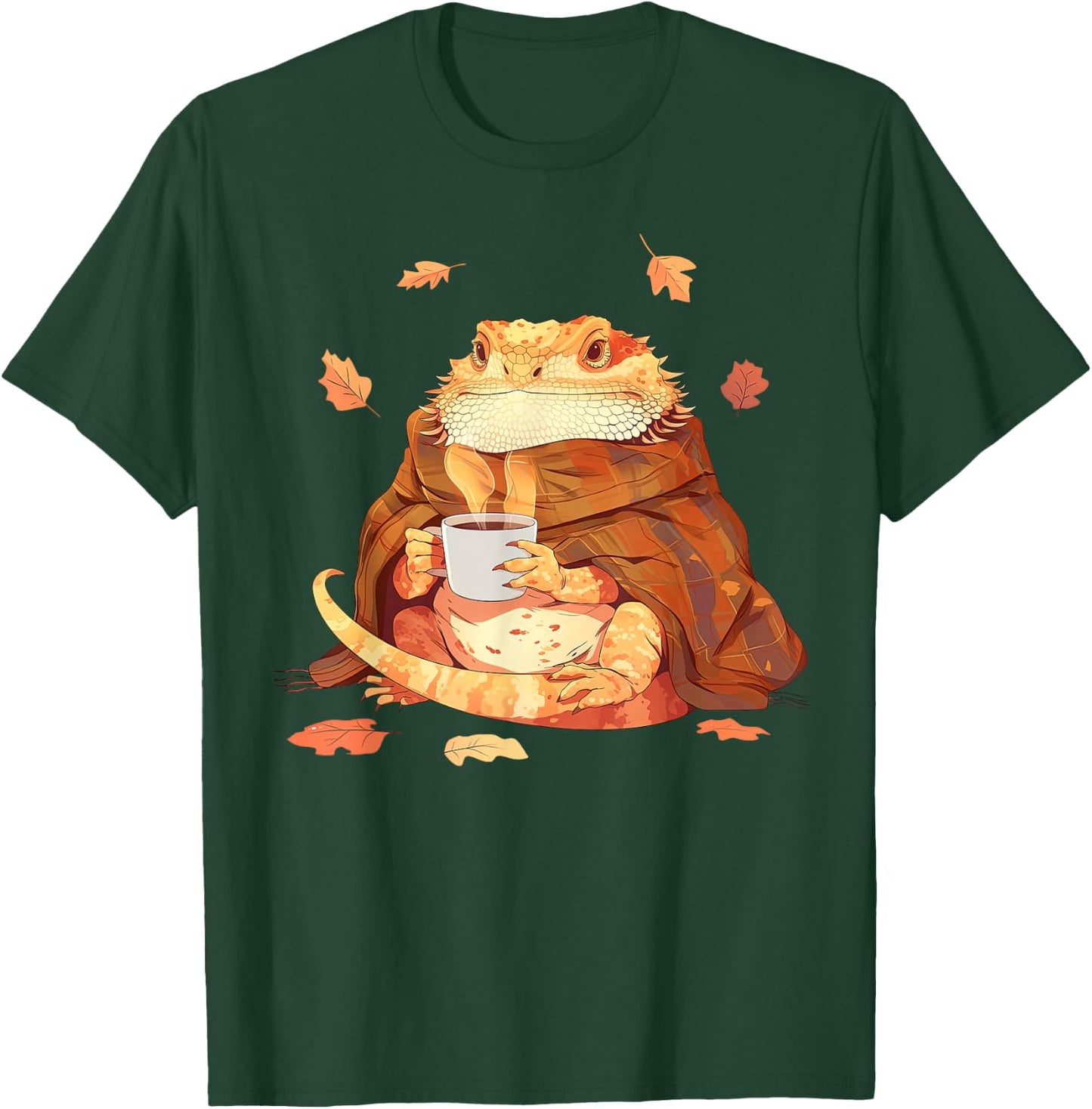 Cute Bearded Dragon In Blanket Drink Coffee Pumpkin Fall T-Shirt - T-Shirt | Forest