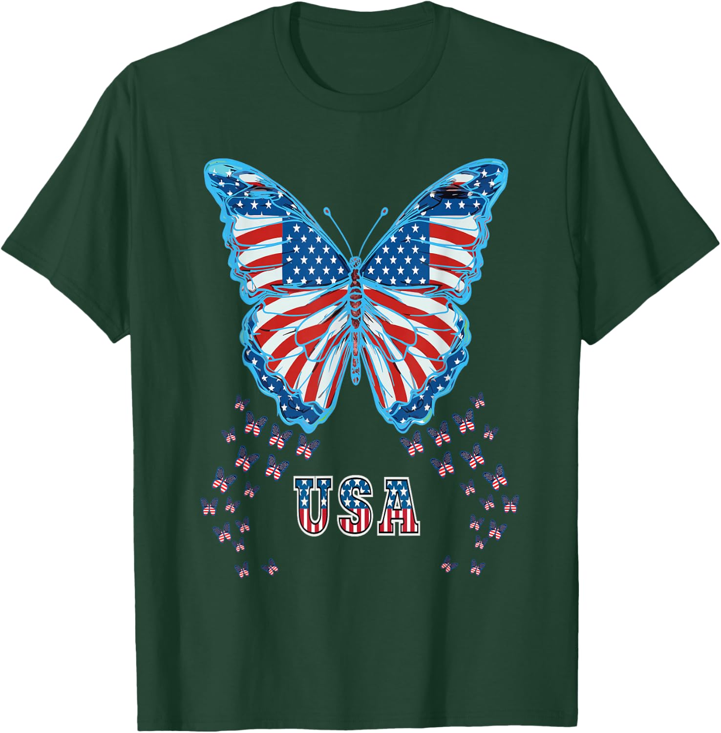 Butterfly USA Flag Cute 4th Of July Funny American Girl Gift T-Shirt - T-Shirt | Forest