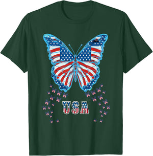 Butterfly USA Flag Cute 4th Of July Funny American Girl Gift T-Shirt - T-Shirt | Forest