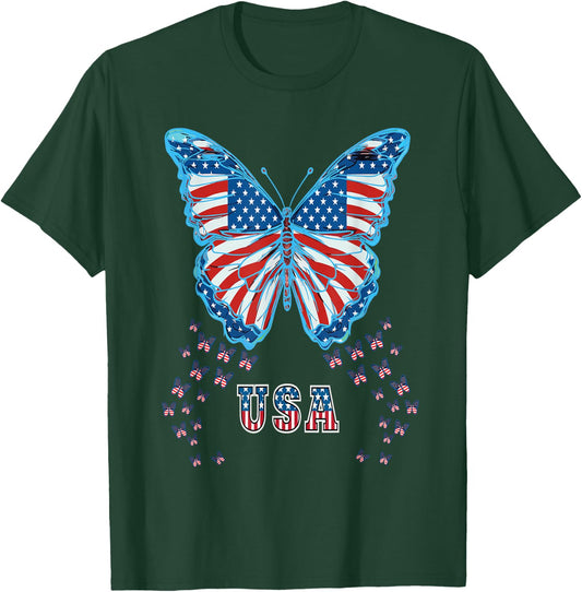 Butterfly USA Flag Cute 4th Of July Funny American Girl Gift T-Shirt - T-Shirt | Forest