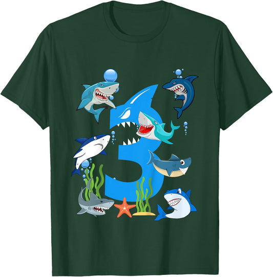 Kids 3 Years Old Shark Ocean-Theme Party 3rd Birthday Boy T-Shirt - T-Shirt | Forest
