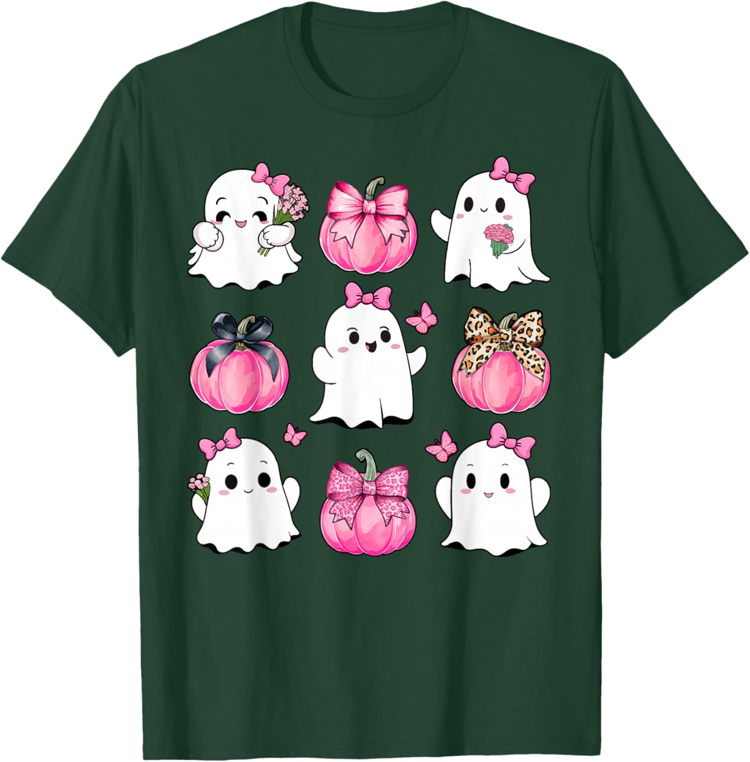 Cute Ghost Florals Pink Coquette Bows Pumpkins Halloween T-Shirt - T-Shirt | Forest