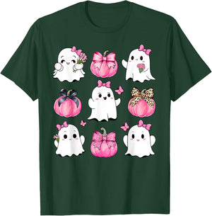 Cute Ghost Florals Pink Coquette Bows Pumpkins Halloween T-Shirt - T-Shirt | Forest