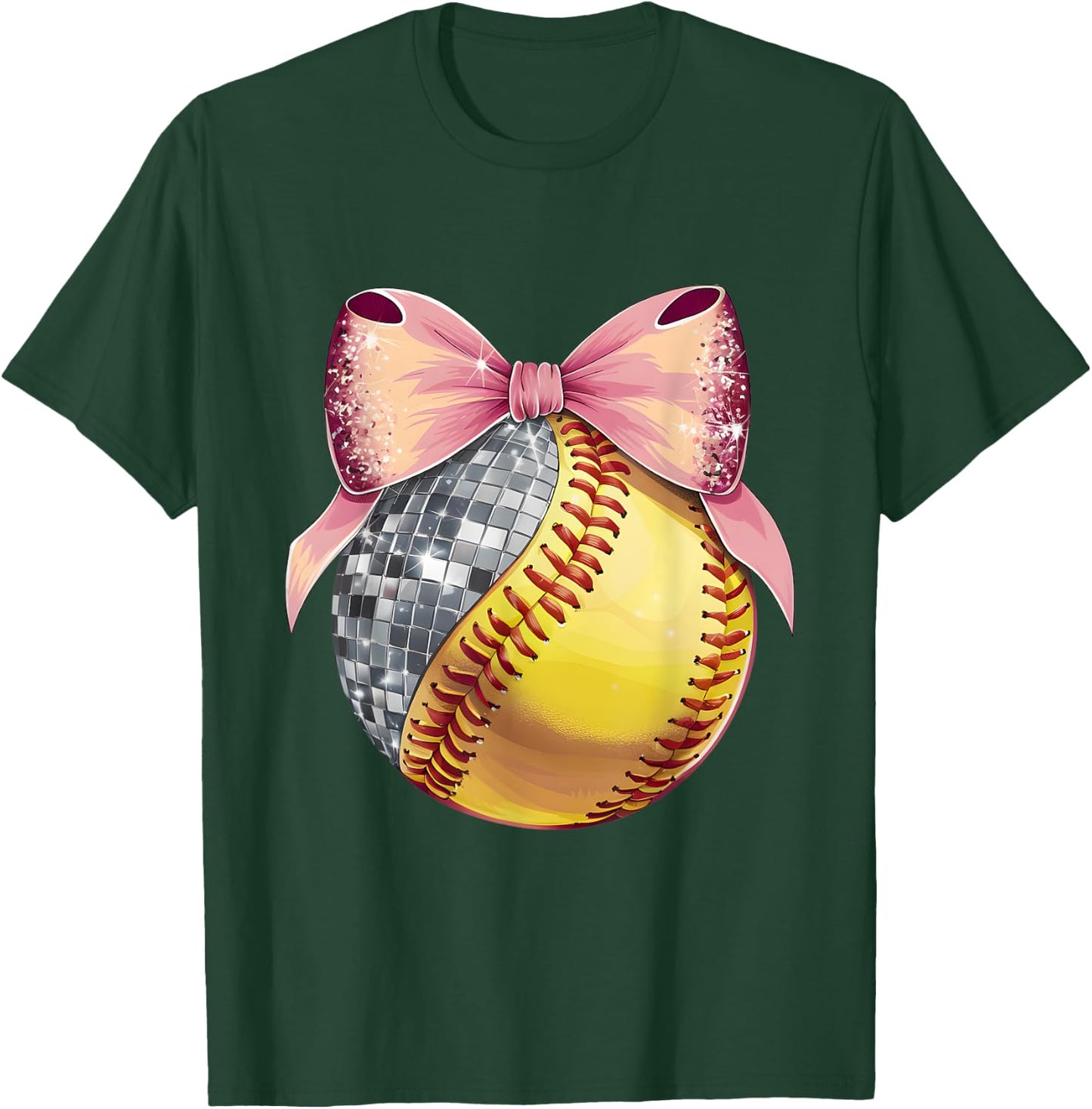 Cute Coquette Bow Disco Ball Softball Player Game Day Mom T-Shirt - T-Shirt | Forest