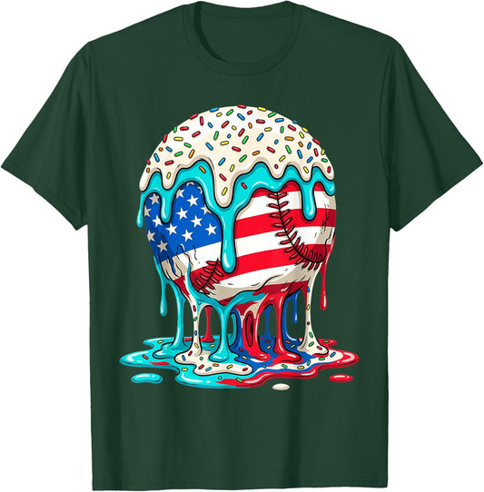Baseball Drip Ice Cream Dripping 4th of July American Flag T-Shirt - T-Shirt | Forest
