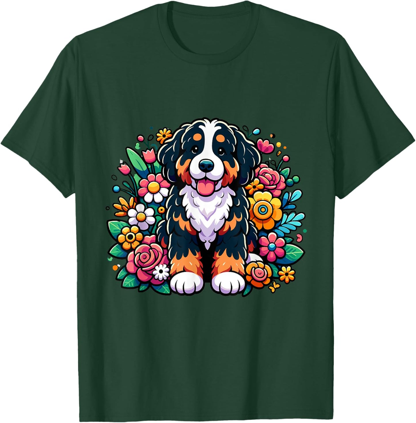Cute Cartoon Style Bernedoodle Colorful Flower Floral T-Shirt - T-Shirt | Forest