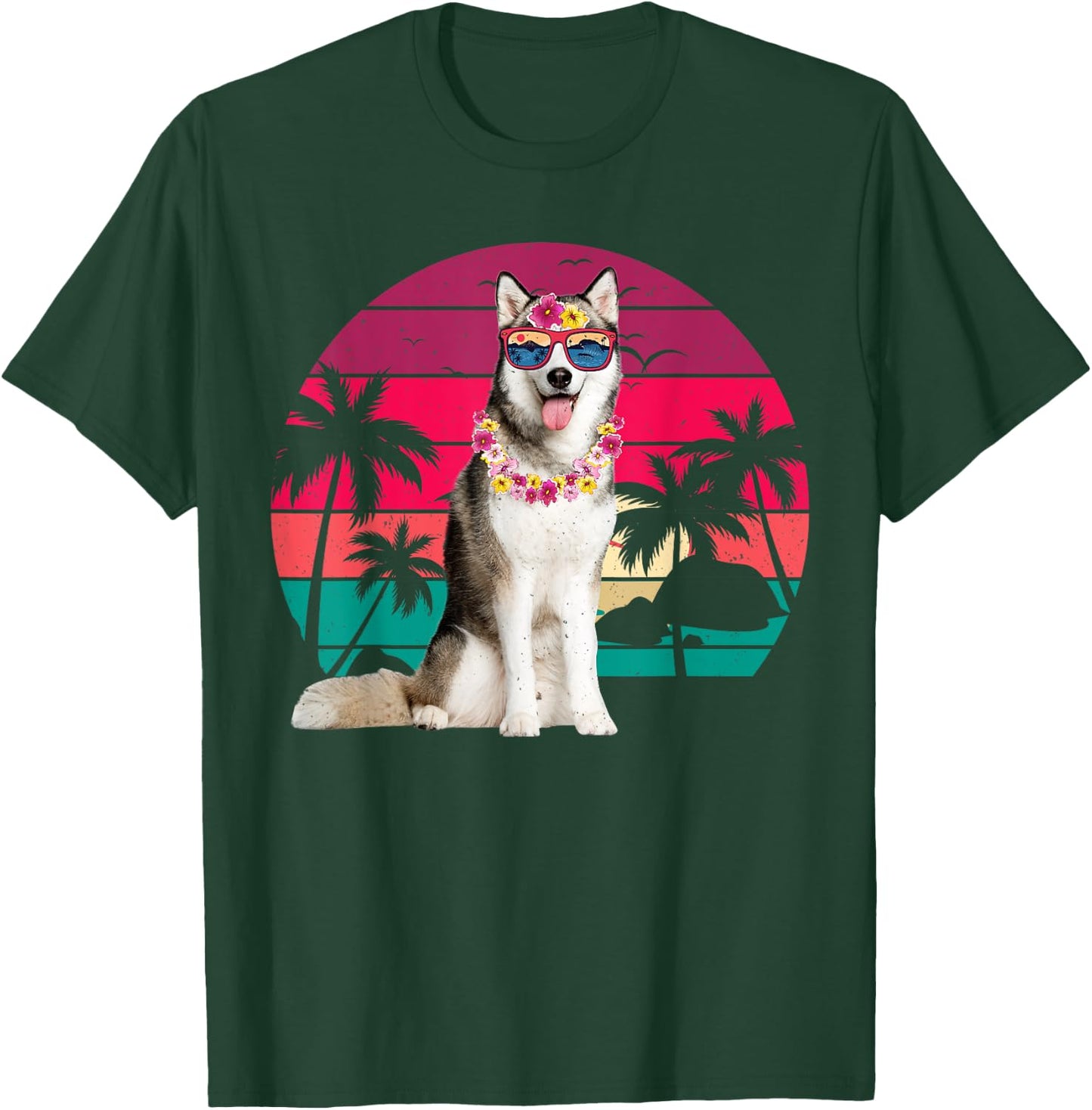 Retro Hawaiian Husky Dog Tropical Palm Trees Summer Vibes Women Kids T-Shirt - T-Shirt | Forest