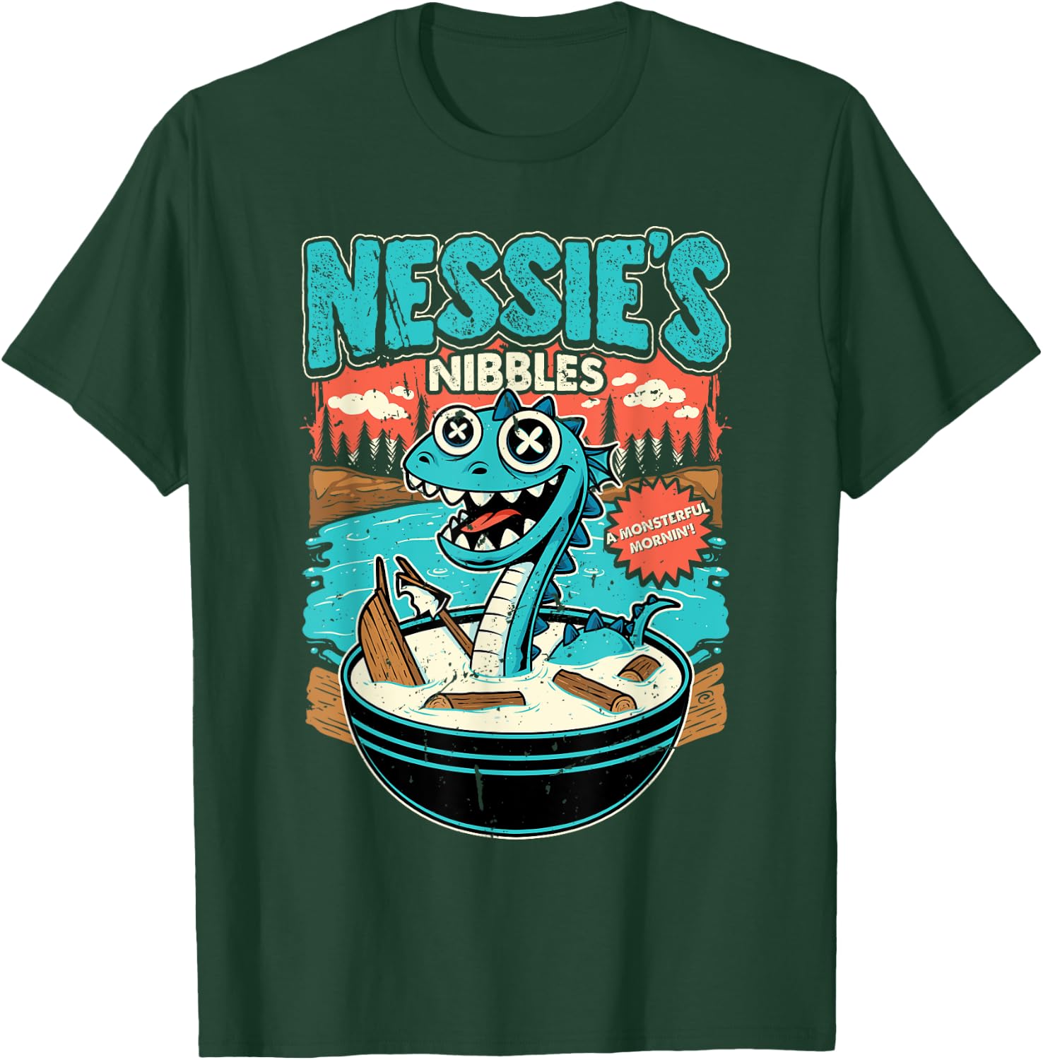 Nessie’s Nibbles Cereal Design Loch Ness Monster Parody T-Shirt - T-Shirt | Forest