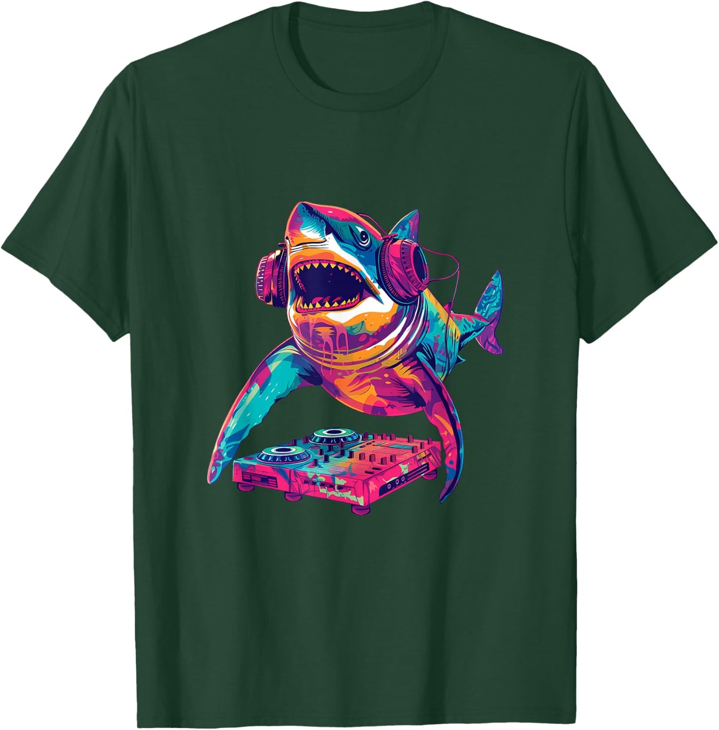 Party Shark Disco DJ with headphones turntable artwork T-Shirt - T-Shirt | Forest