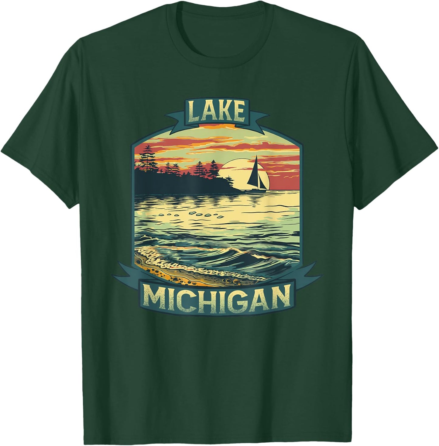 Lake Michigan USA Unsalted Shark Free Vintage Outdoors Retro T-Shirt - T-Shirt | Forest