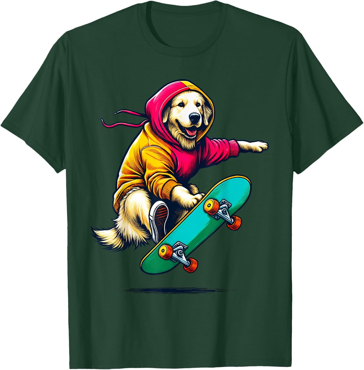 Cool Golden Retriever Dog Skateboarding Illustration Art T-Shirt - T-Shirt | Forest