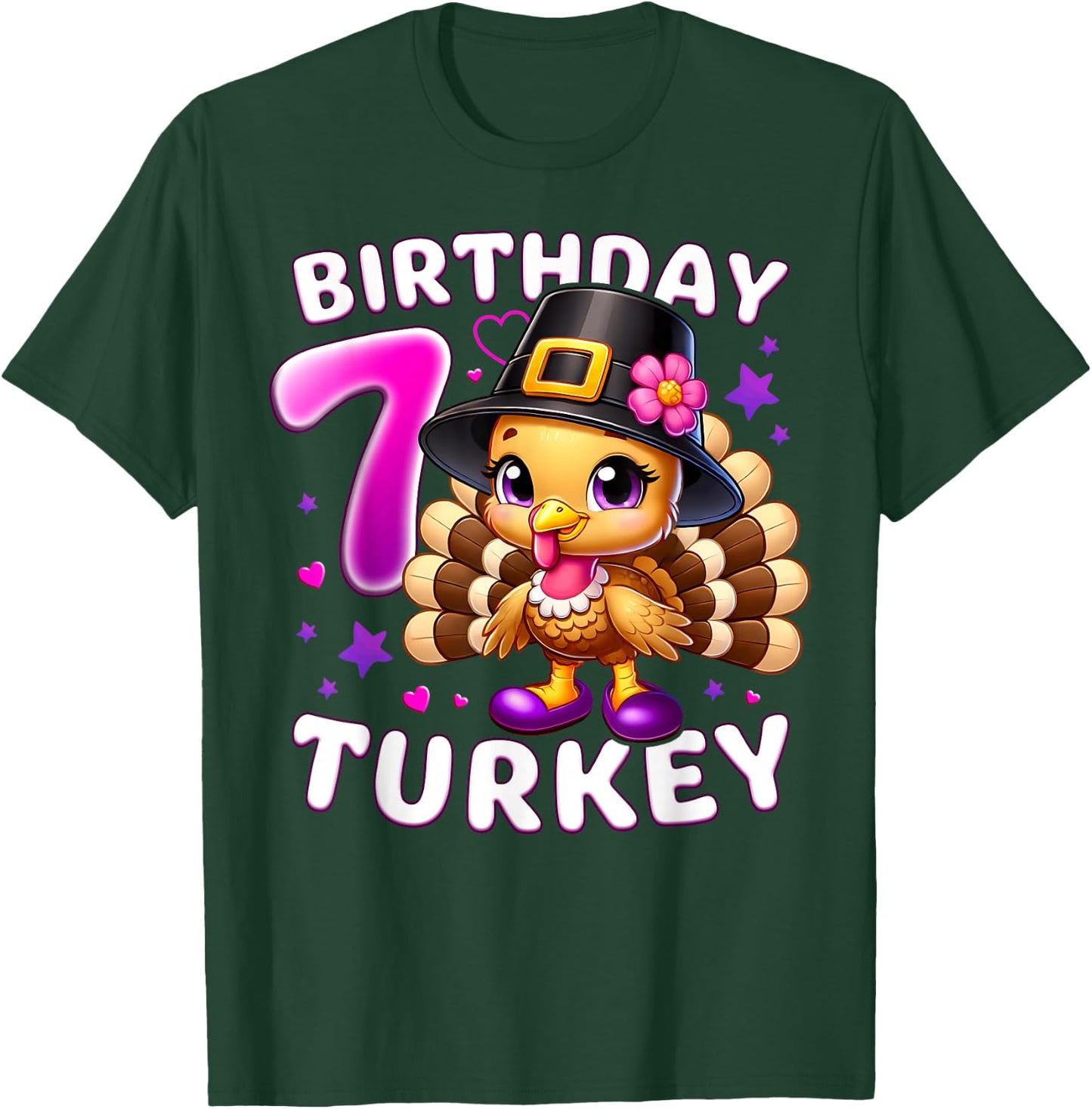 Girls 7th Birthday Thanksgiving Turkey T-Shirt - T-Shirt | Forest