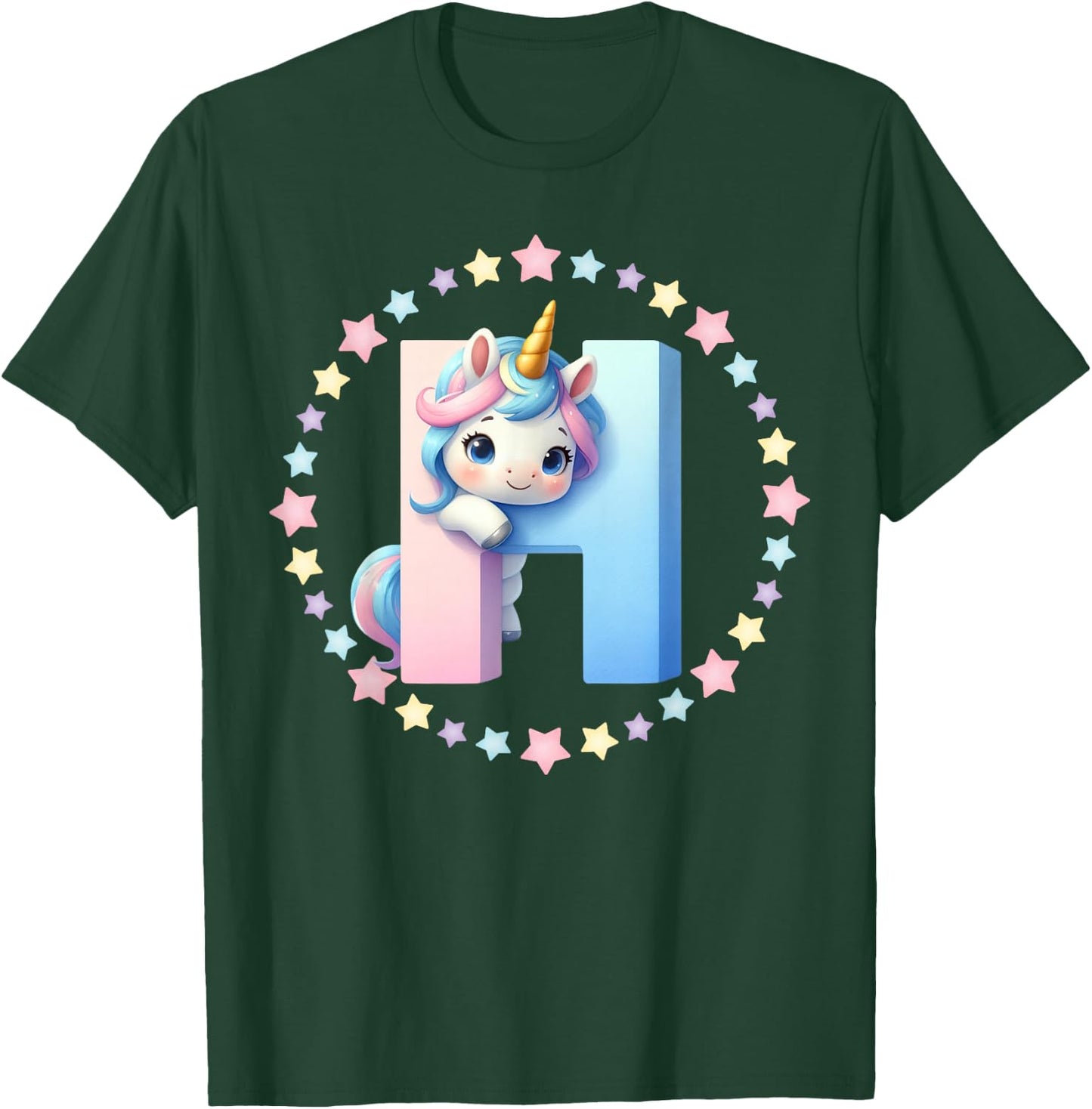 Unicorn Letter H Initial Rainbow Monogram Women Girls Kids T-Shirt - T-Shirt | Forest