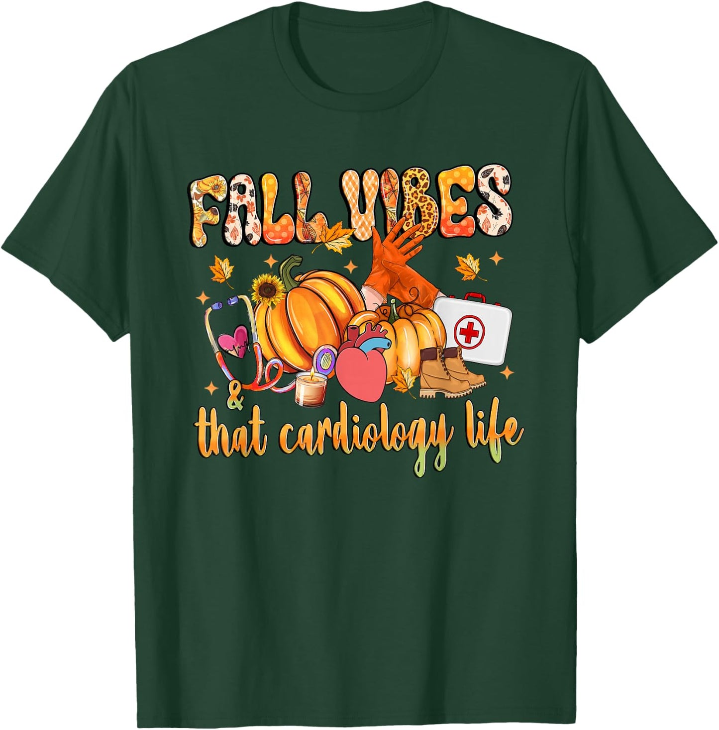 Fall Vibes & That Cardiology Life Pumpkin Leopard Gifts T-Shirt - T-Shirt | Forest