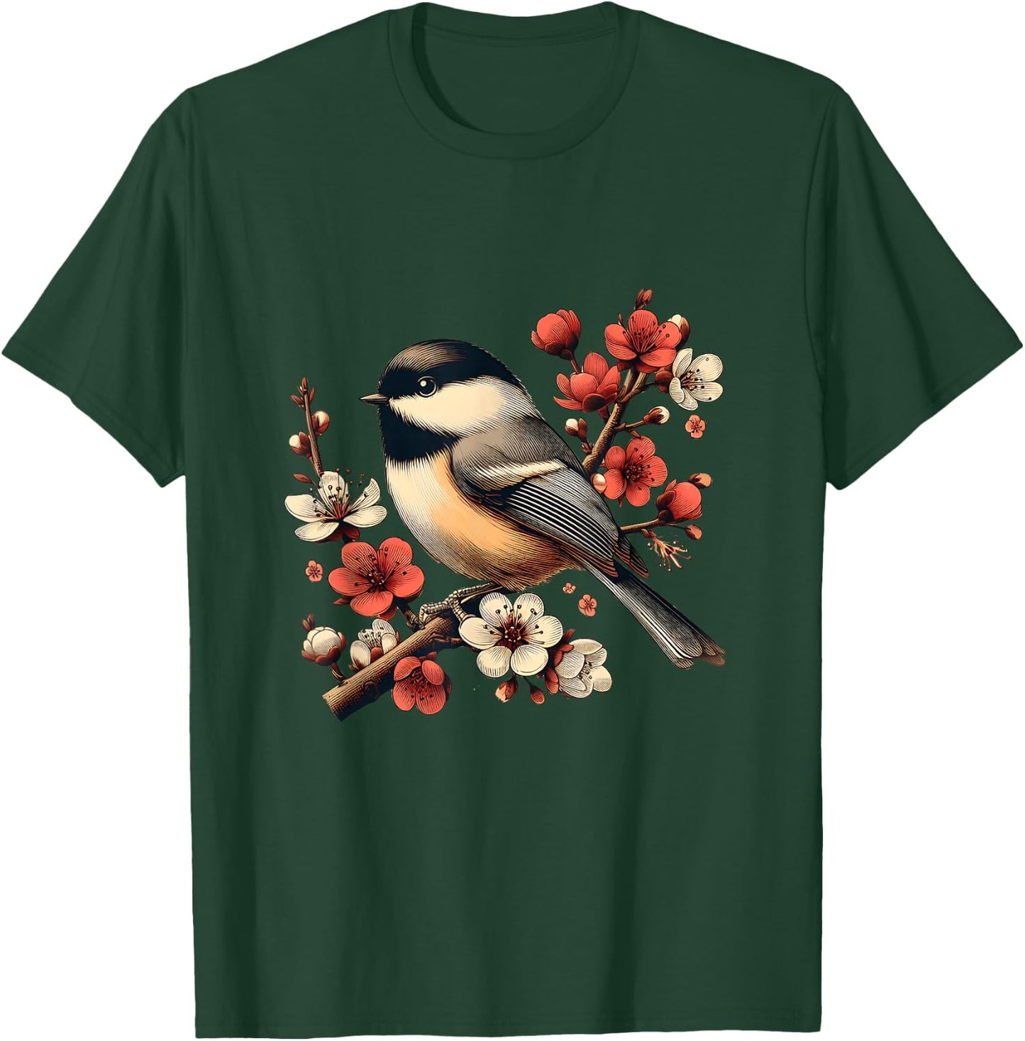 Bird Watching Nature Animal Vintage Blossom Chickadee T-Shirt - T-Shirt | Forest