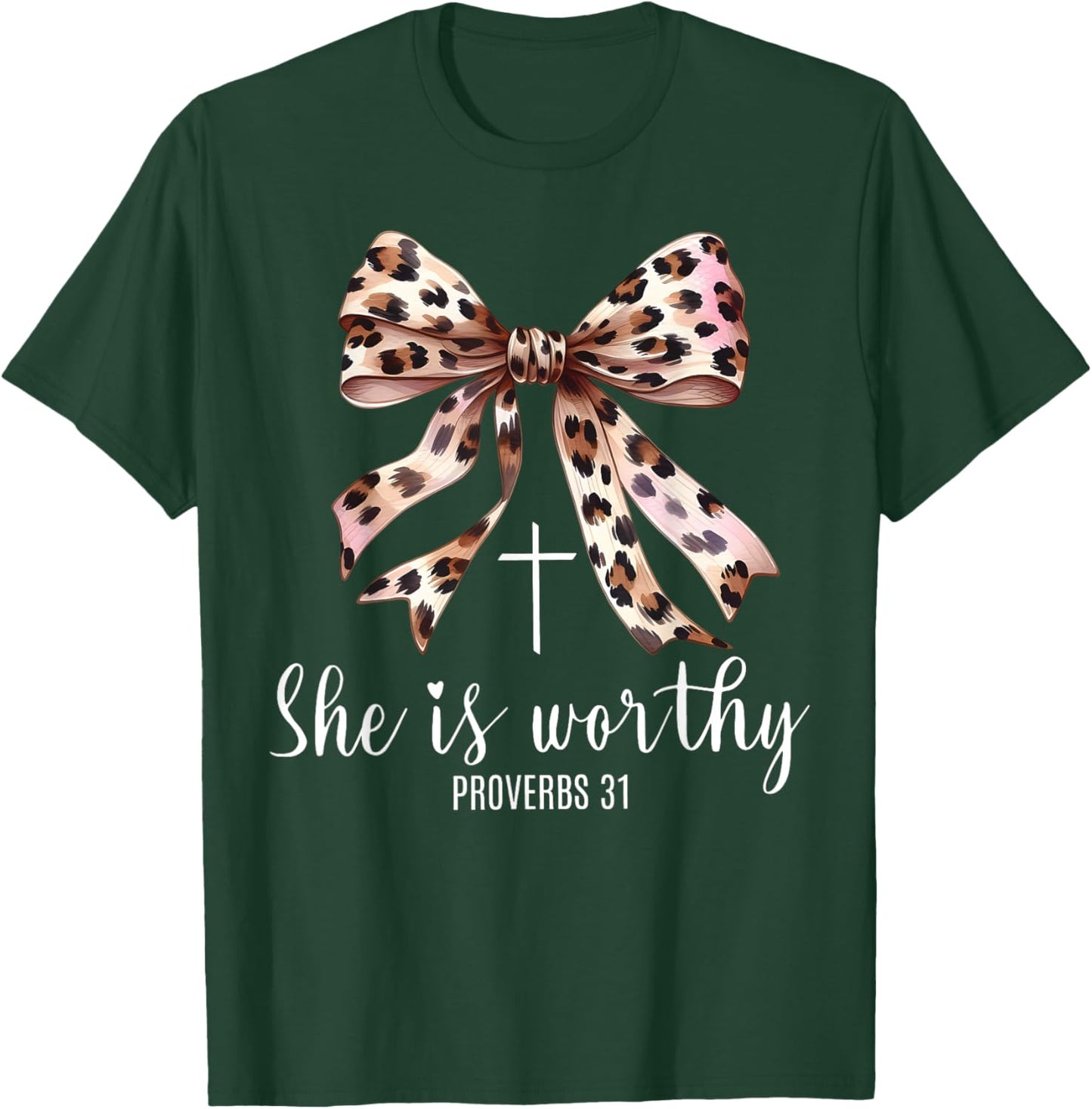 Christian Coquette Leopard Bow She Is Worthy Bible Religious T-Shirt - T-Shirt | Forest
