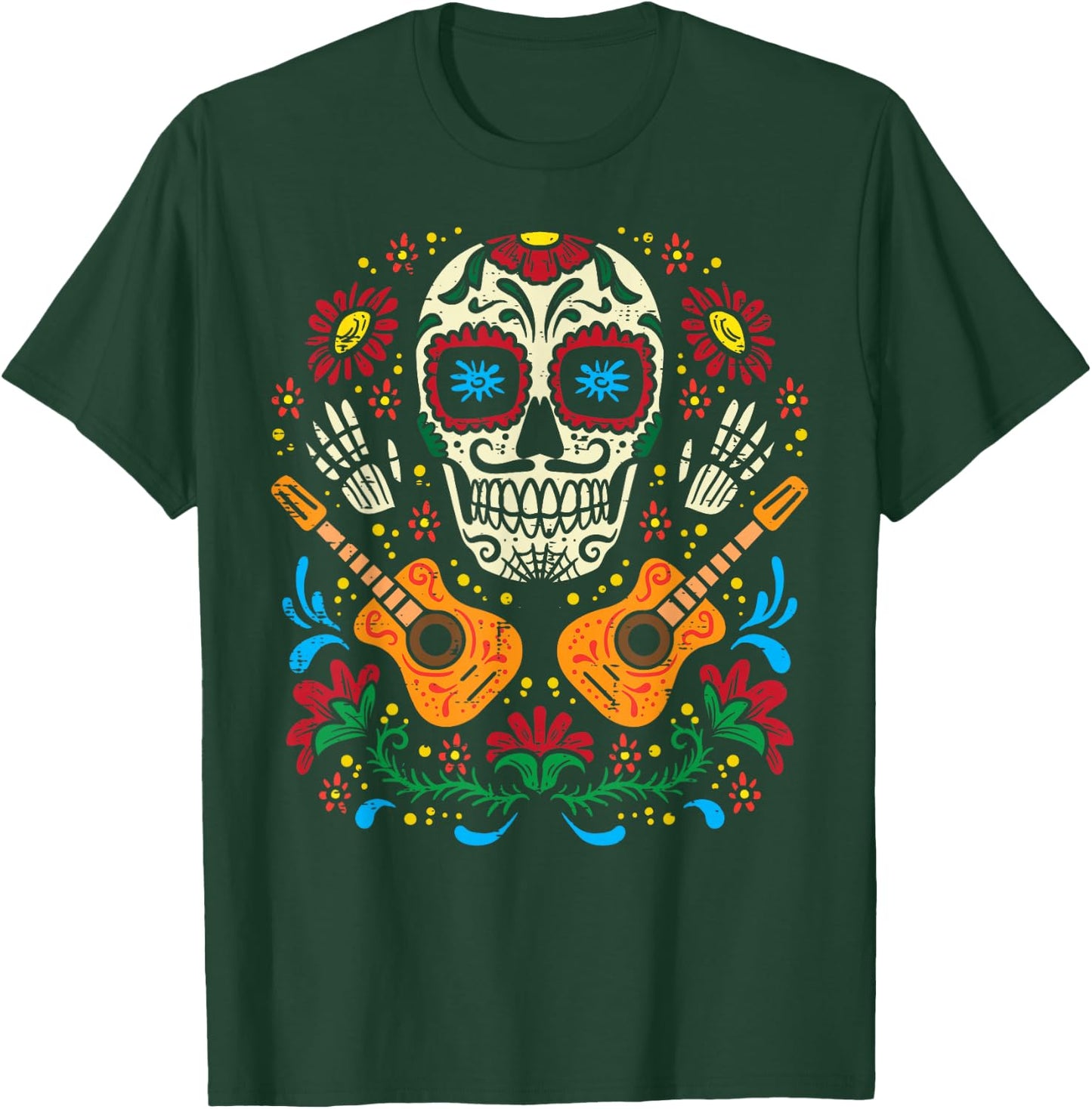 Sugar Skull Flowers Guitar Dia De Muertos Mexican Halloween T-Shirt - T-Shirt | Forest