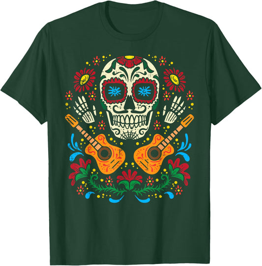 Sugar Skull Flowers Guitar Dia De Muertos Mexican Halloween T-Shirt - T-Shirt | Forest