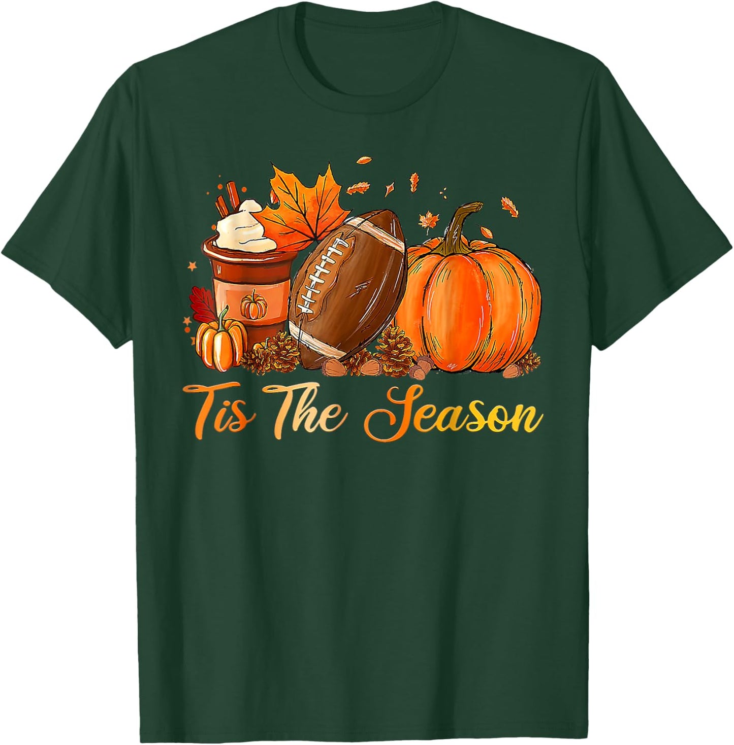Pumpkin Spice Football Tis The Season Fall Thanksgiving T-Shirt - T-Shirt | Forest