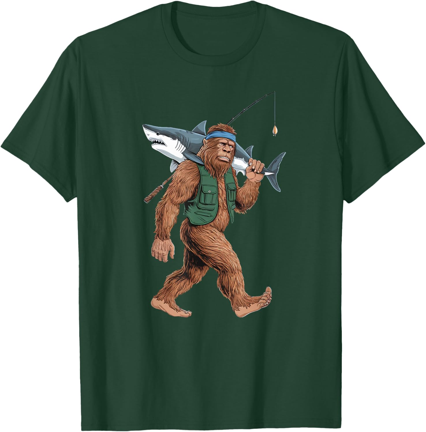Bigfoot Fisherman Shirt - Funny Sasquatch With Shark T-Shirt - T-Shirt | Forest