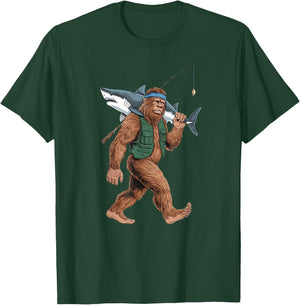 Bigfoot Fisherman Shirt - Funny Sasquatch With Shark T-Shirt - T-Shirt | Forest