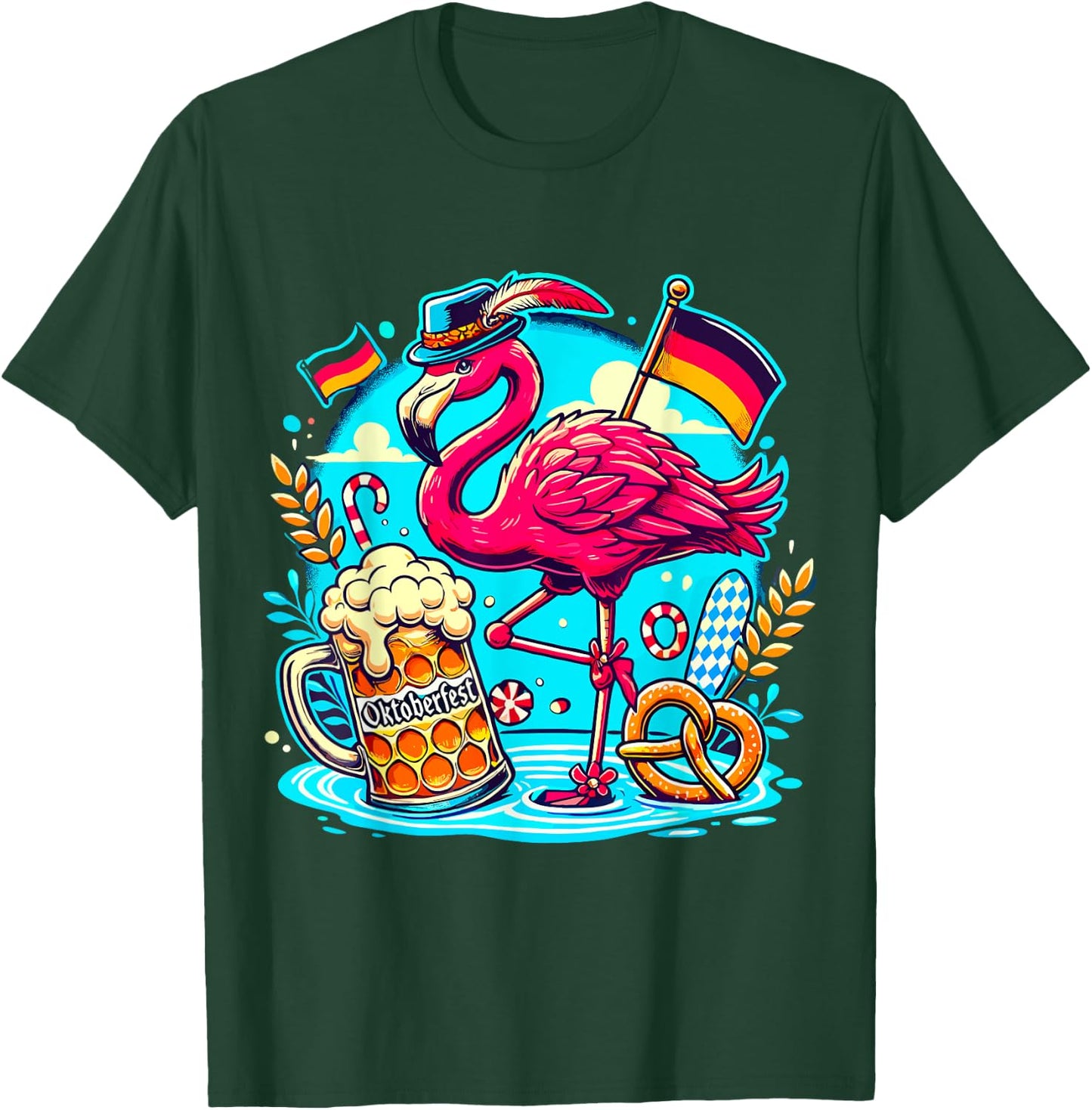 Octoberfest Flamingo Beer Germany Brezel Oktoberfest T-Shirt - T-Shirt | Forest