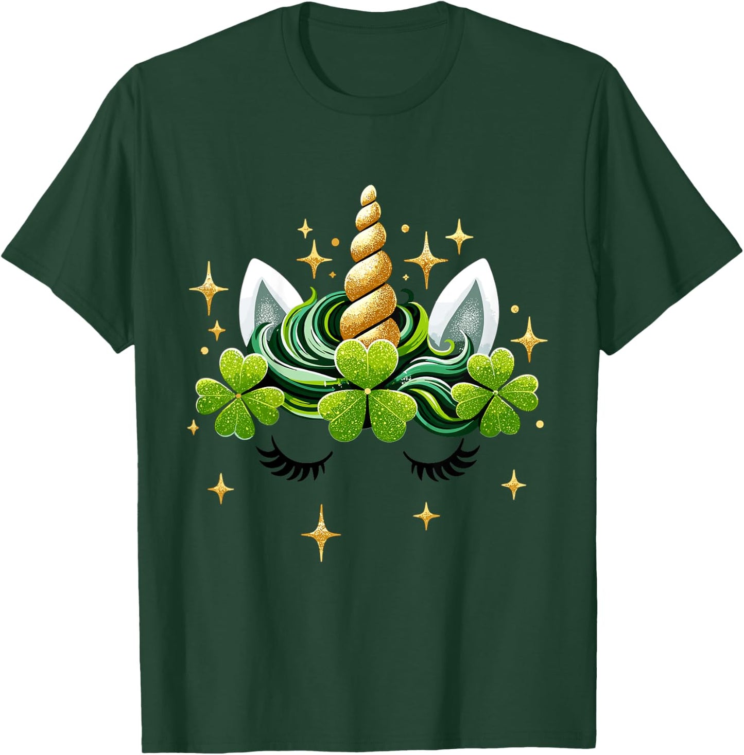 Kids Unicorn Face Shamrock St Patrick's Day Girl T-Shirt - T-Shirt | Forest