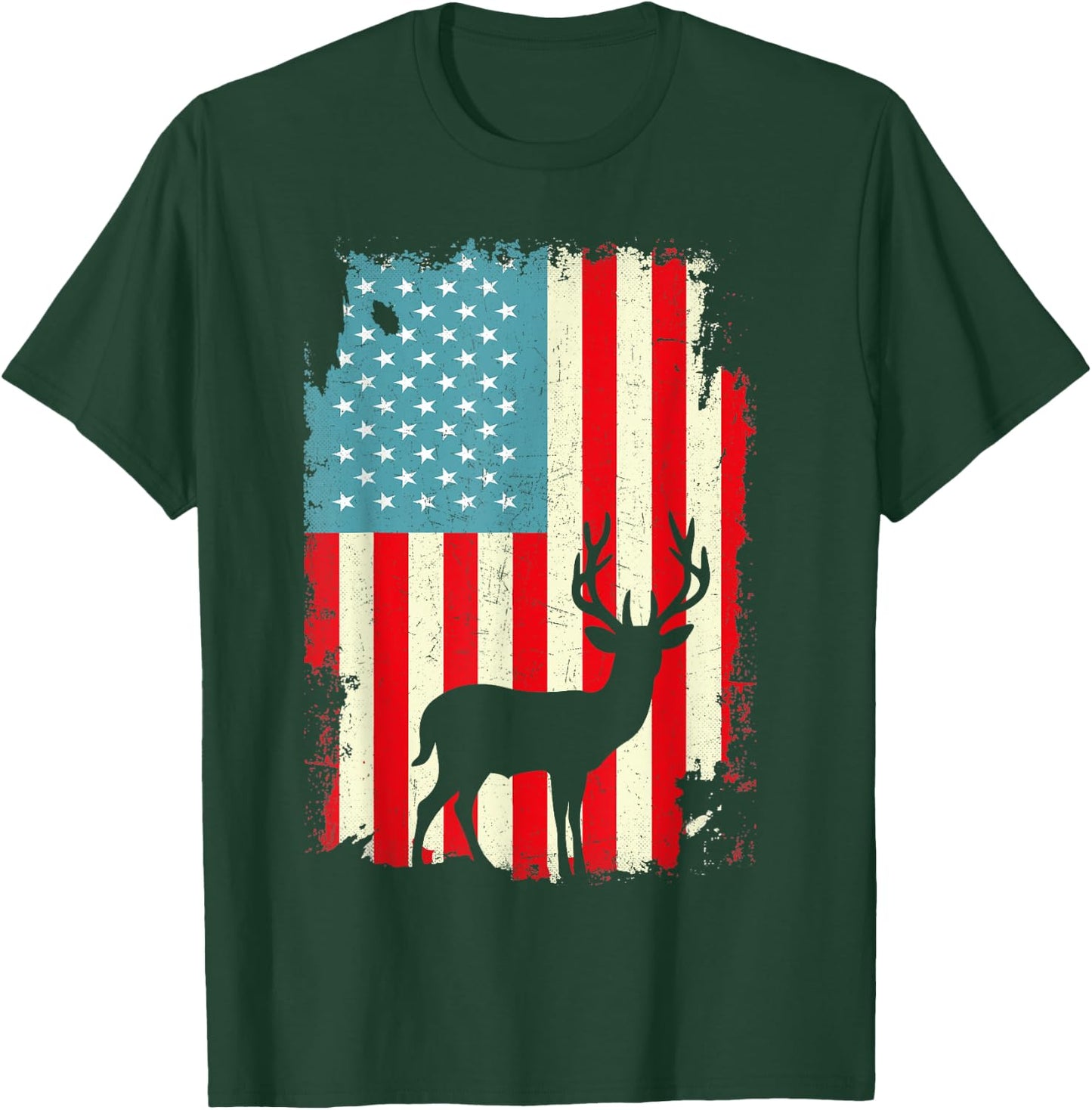 Patriotic Deer Hunting Whitetail Buck USA Flag 4th Of July Men T-Shirt - T-Shirt | Forest
