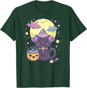 Kawaii Pastel Goth Cute Creepy Halloween Black Cat Witch Hat Men Women Kids T-Shirt - T-Shirt | Forest