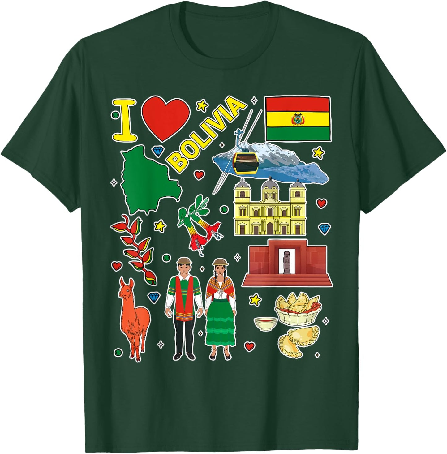 Bolivian hand drawn symbols, Bolivia map, cultural icons T-Shirt - T-Shirt | Forest