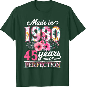 45 Year Old Made In 1980 Floral Flower 45th Birthday T-Shirt - T-Shirt | Forest