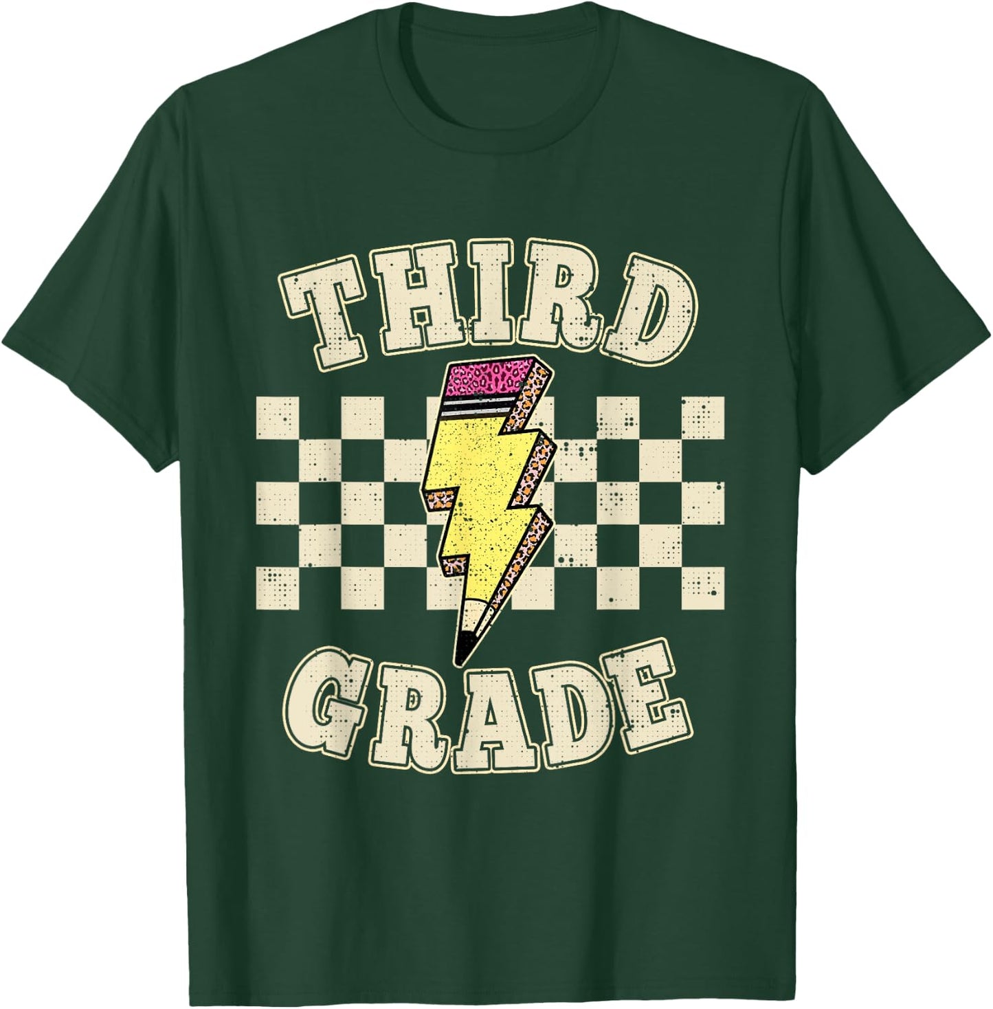 Retro Third Grade Teacher Lightning Bolt Pencil Teacher Kids T-Shirt - T-Shirt | Forest