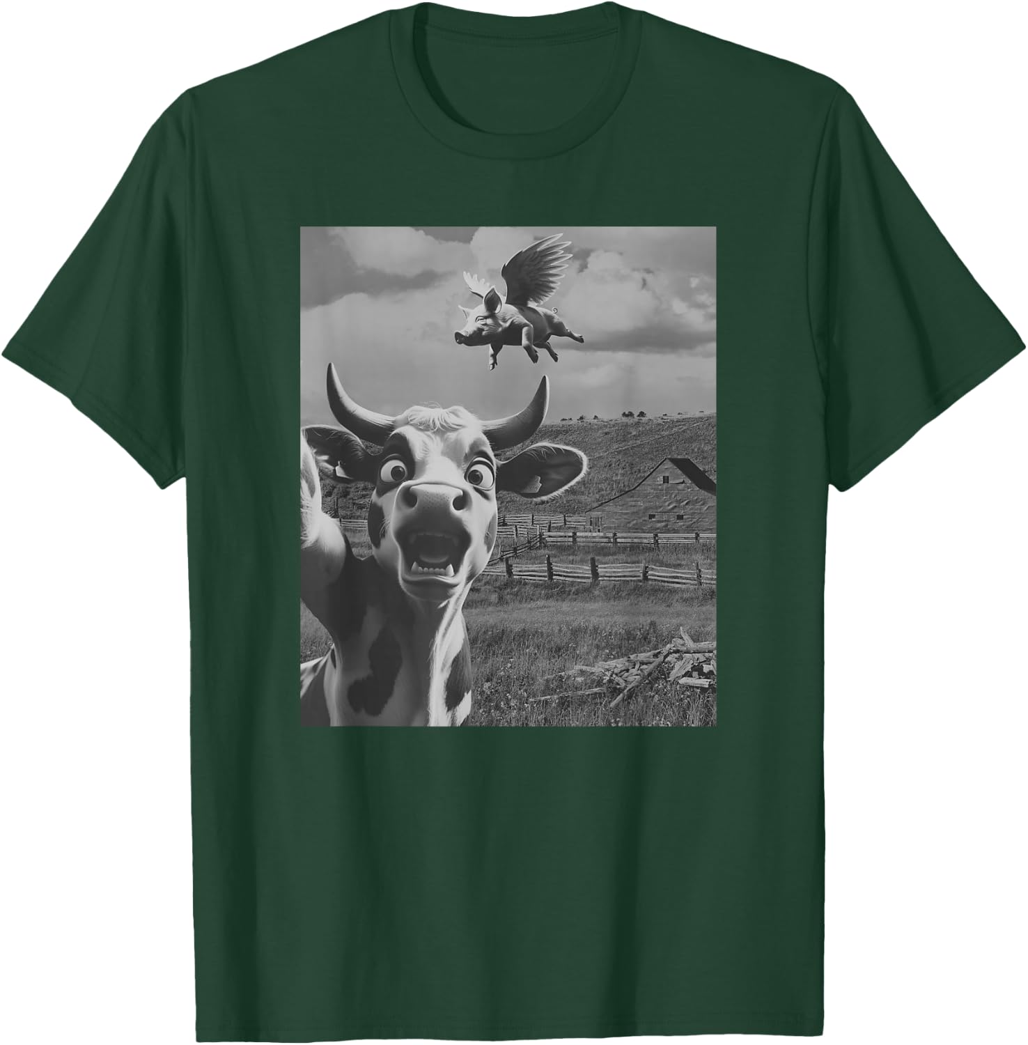 Cow Selfie With Flying Pigs Fly Funny Gift Women Kid T-Shirt - T-Shirt | Forest