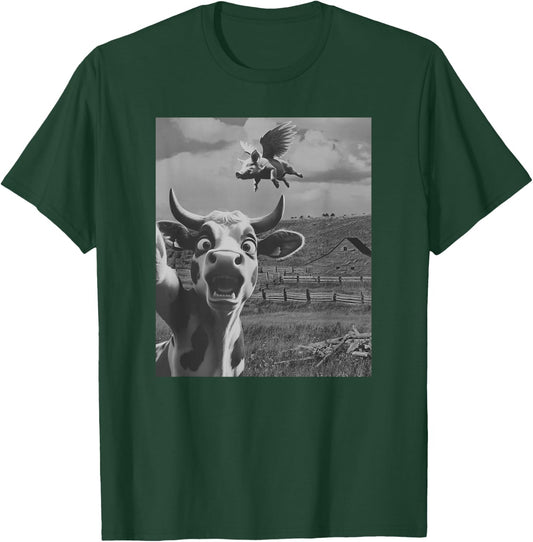 Cow Selfie With Flying Pigs Fly Funny Gift Women Kid T-Shirt - T-Shirt | Forest