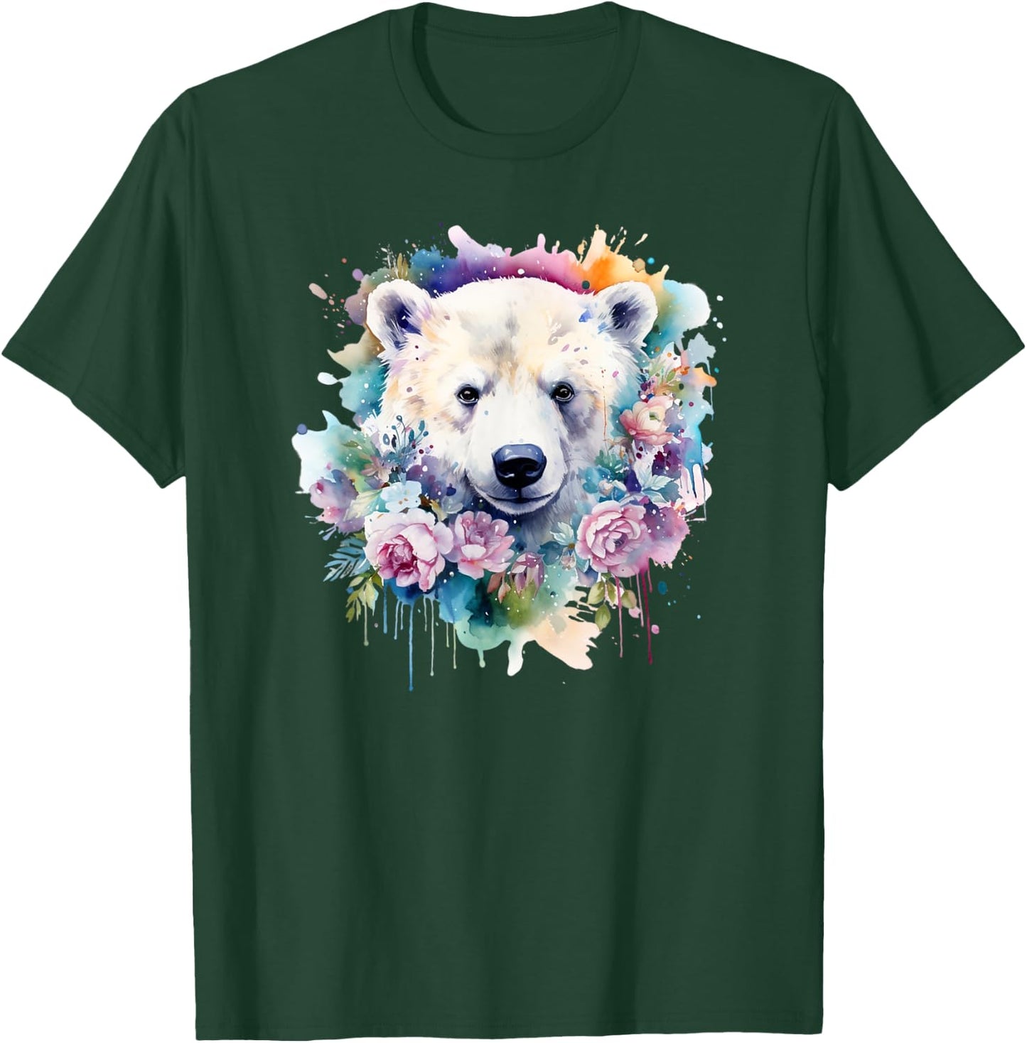 Polar Bear Floral Watercolor Animal Cute Polar Bear Face T-Shirt - T-Shirt | Forest