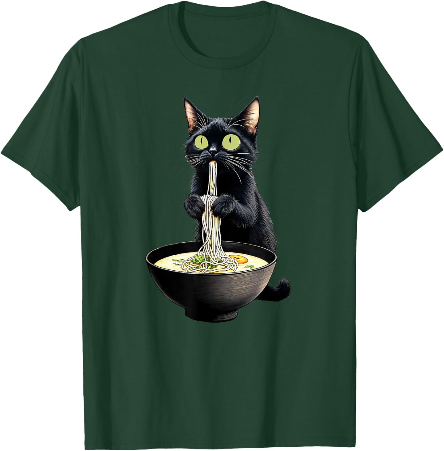 Black Cat Eating Ramen Noodles Japanese Food T-Shirt - T-Shirt | Forest