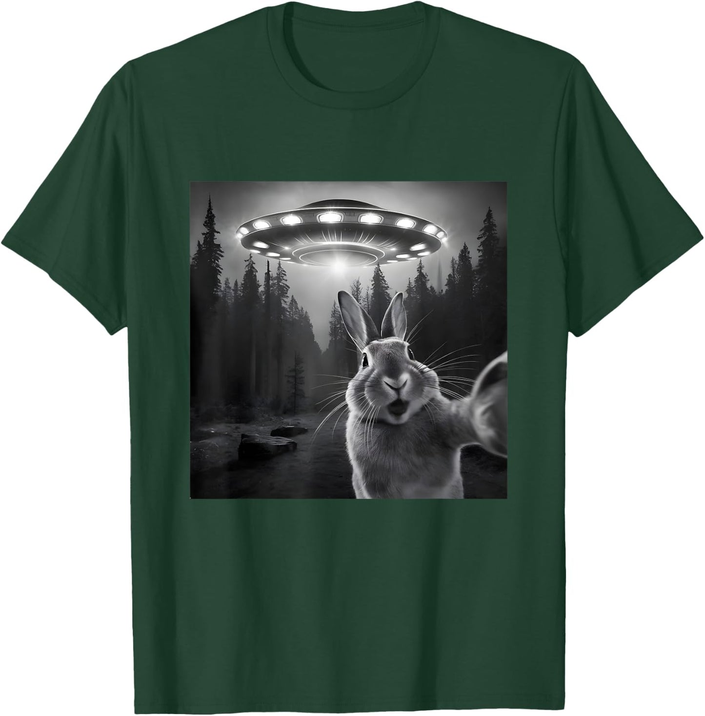 Rabbit Selfie With UFO - Funny Bunny Graphic Alien Lover T-Shirt - T-Shirt | Forest