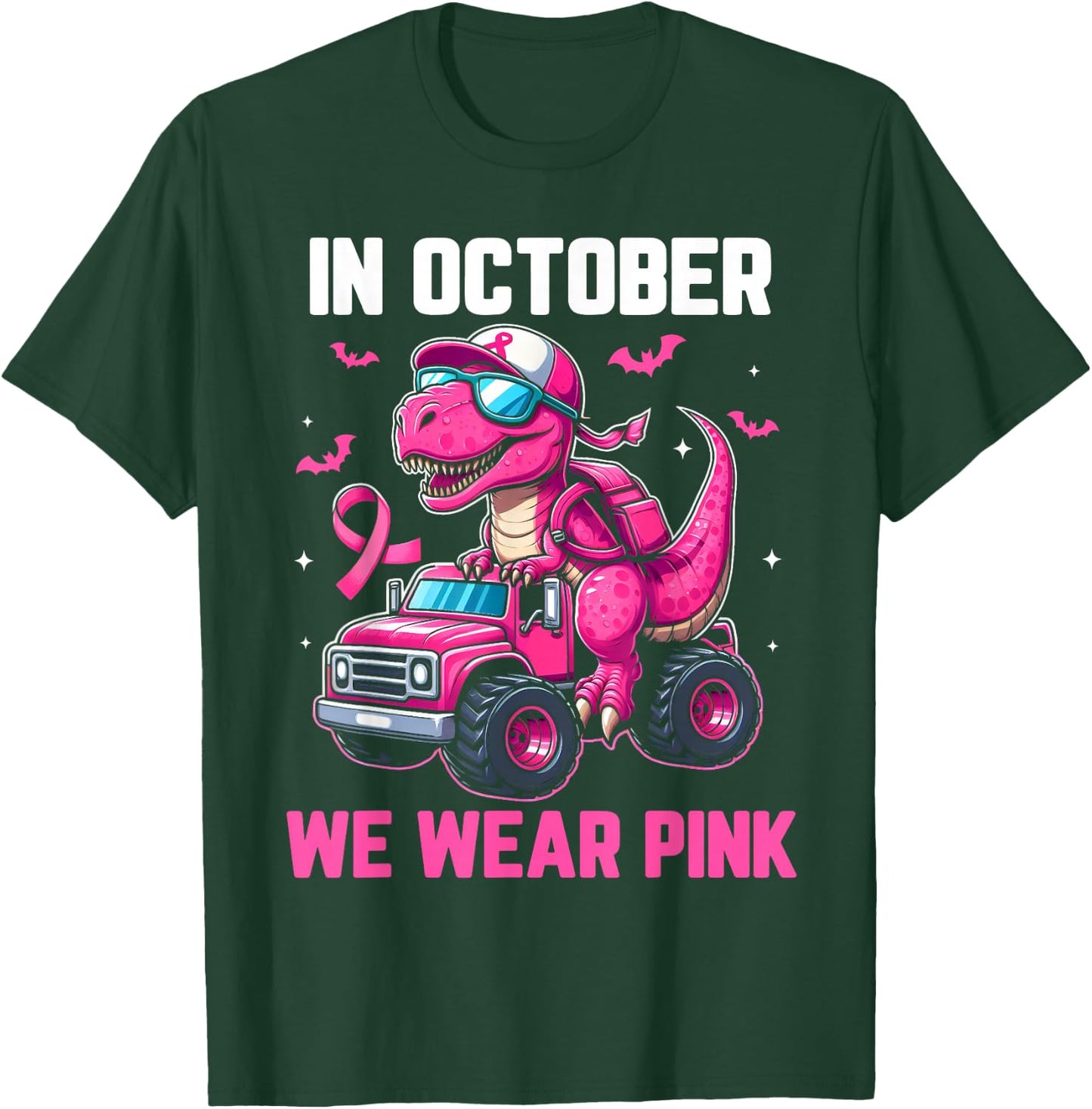 In October We Wear Pink Dino Trex Boys Toddler Breast Cancer T-Shirt - T-Shirt | Forest
