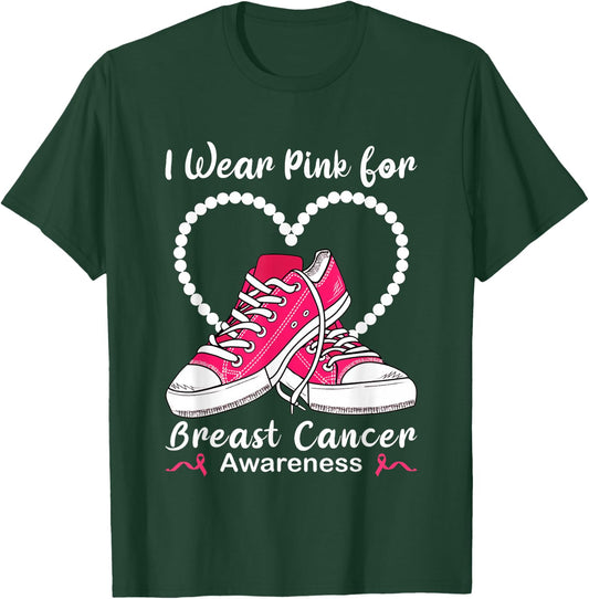 Sneaker & Pearls I Wear Pink For Breast Cancer Awareness T-Shirt - T-Shirt | Forest