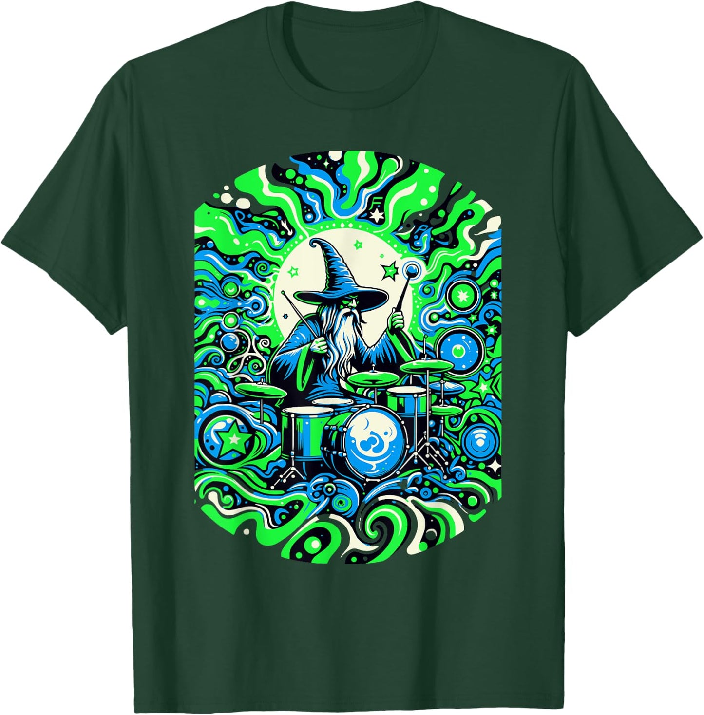 Psychedelic Trippy Rave Colourful Wizard on Drums T-Shirt - T-Shirt | Forest