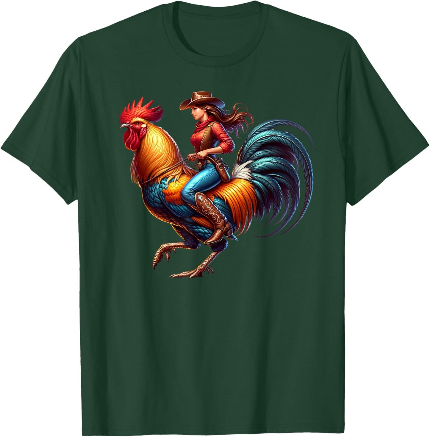 Funny Cowgirl Riding Rooster Country Life Western Girls T-Shirt - T-Shirt | Forest