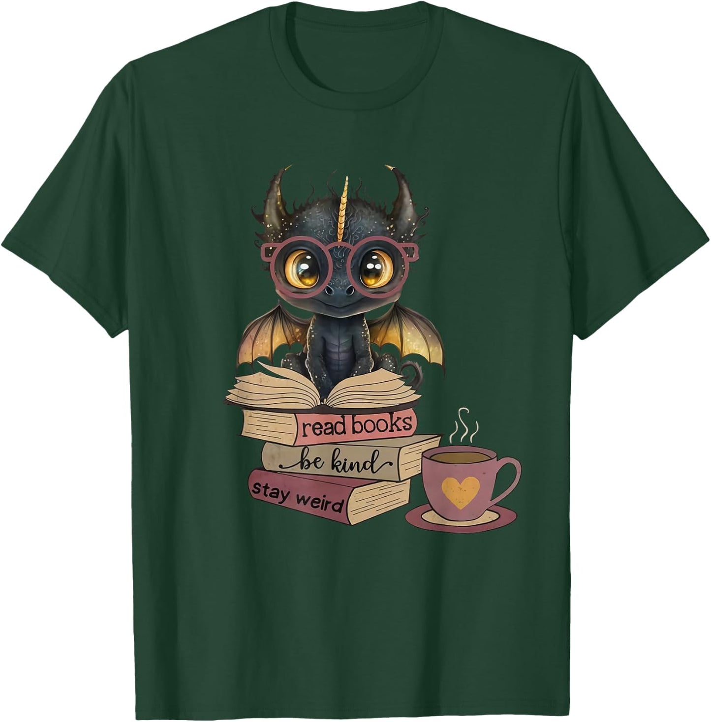 Funny Dragon Read Books Be Kind Stay Weird Book Lover T-Shirt - T-Shirt | Forest