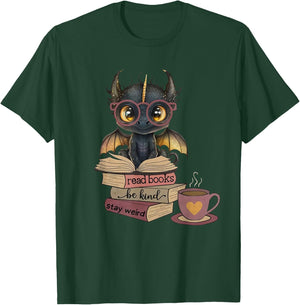 Funny Dragon Read Books Be Kind Stay Weird Book Lover T-Shirt - T-Shirt | Forest