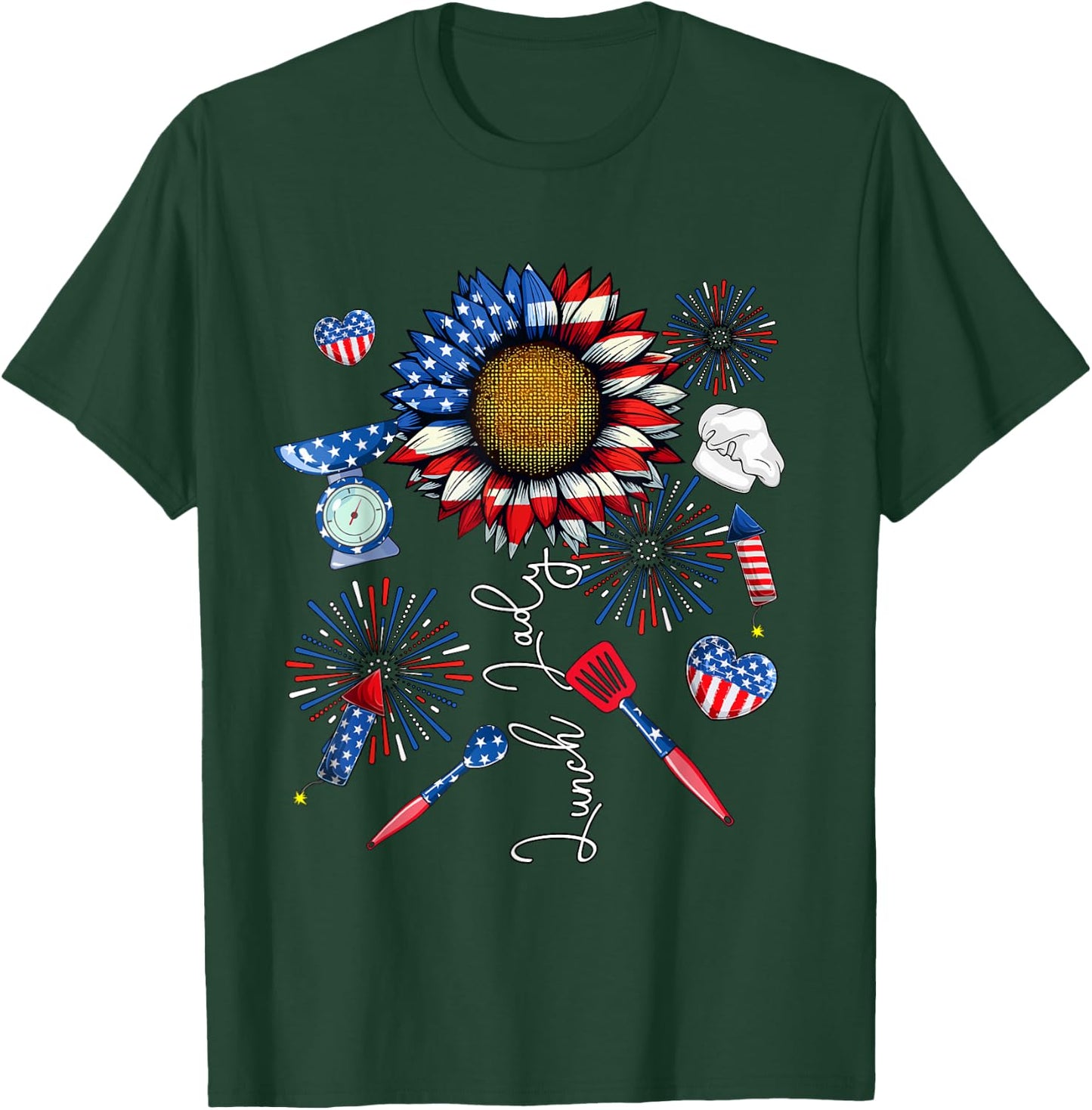 Lunch Lady 4th Of July Sunflower Proud Flag Patriotic Lover T-Shirt - T-Shirt | Forest