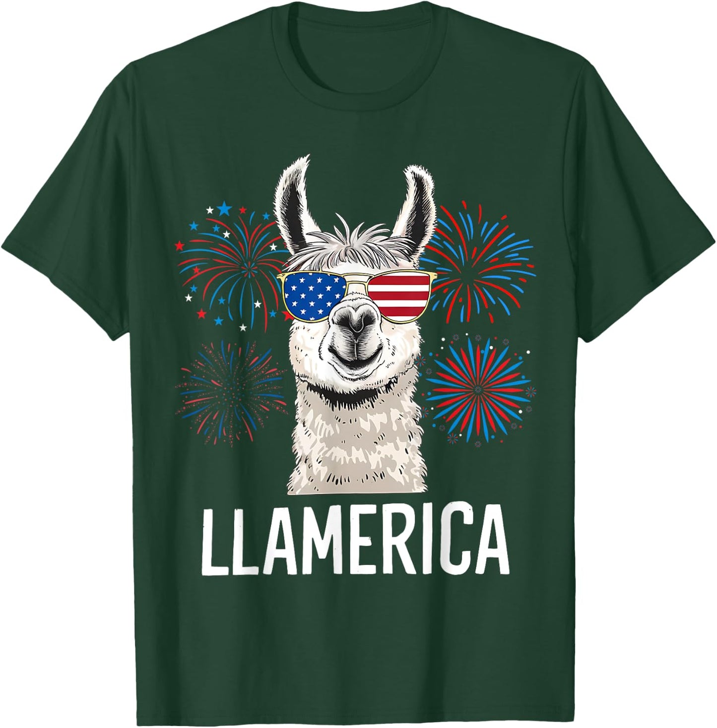 Funny Llamerica Fourth July American Flag Firework Graphic T-Shirt - T-Shirt | Forest