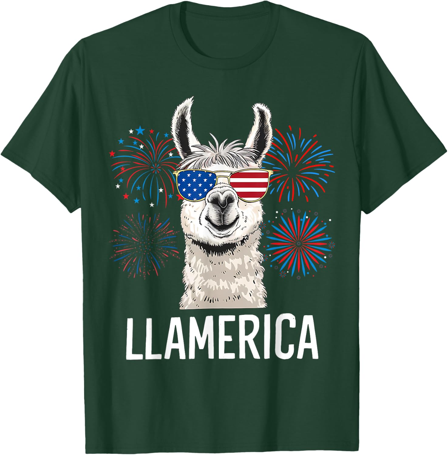 Funny Llamerica Fourth July American Flag Firework Graphic T-Shirt - T-Shirt | Forest